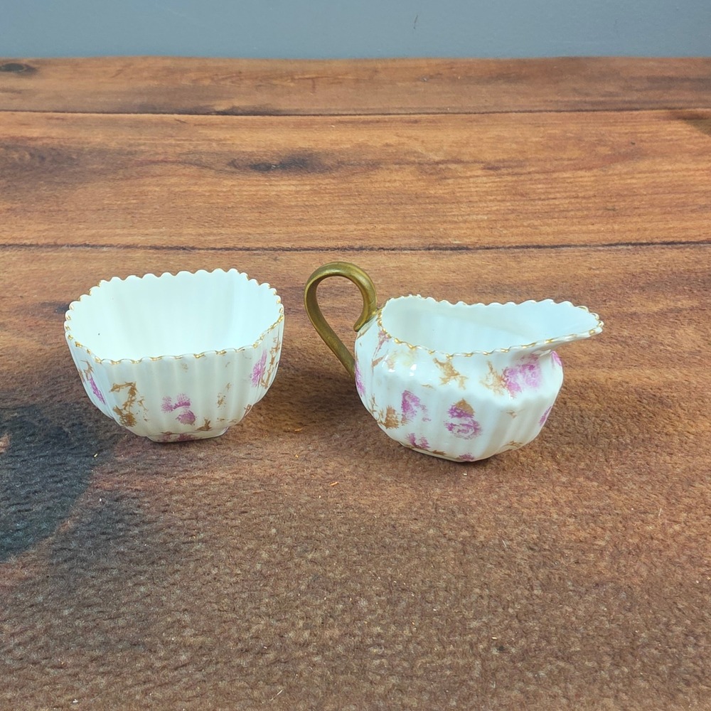 Nippon Creamer and Sugar Bowl Set Small White Purple Excellent Thistle Floral